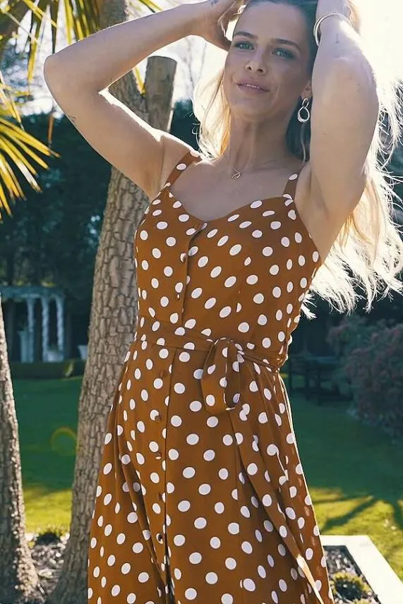 Sosandar Tan and White Polka Dot Button Front Midi Dress Tan White Women Dresses