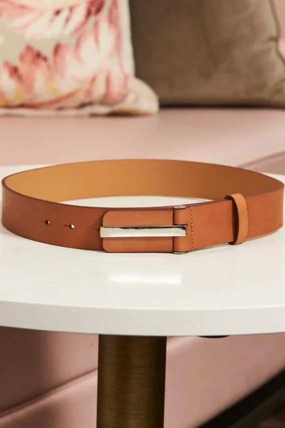 Sosandar Tan Leather Waist Belt With Silver Clasp Silver Women Bags and Belts