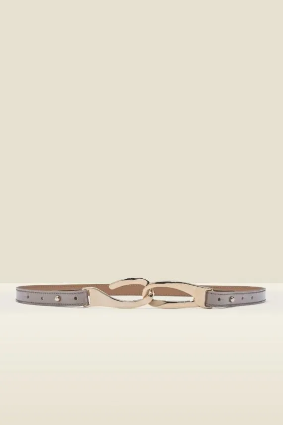 Sosandar Taupe Patent Leather Slim Waist Belt With Gold Clasp Women Bags and Belts