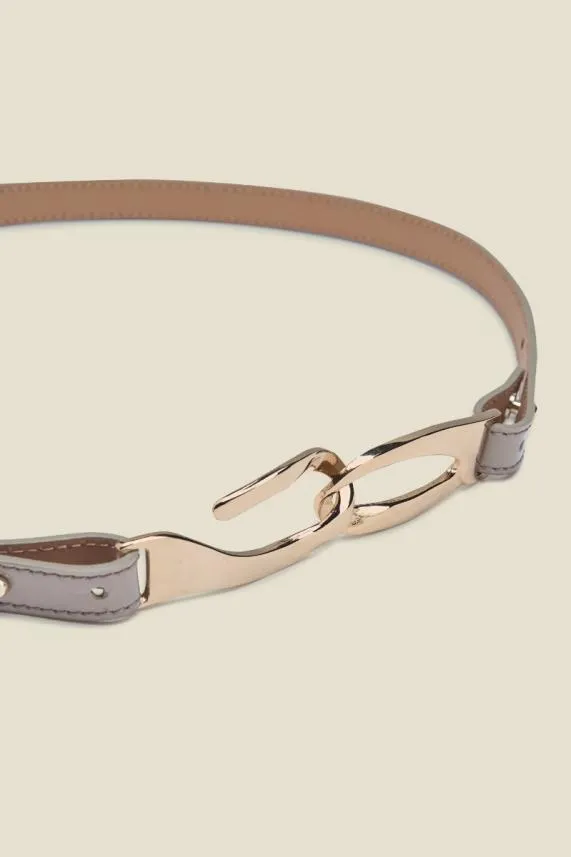 Sosandar Taupe Patent Leather Slim Waist Belt With Gold Clasp Women Bags and Belts