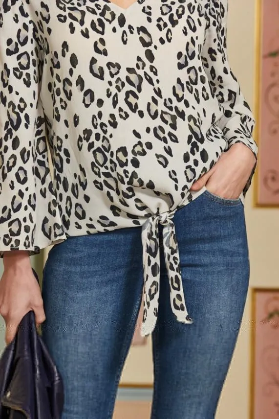 Sosandar White and Black Animal Print Tie Front Fluted Sleeve Woven Top White Black Women Tops