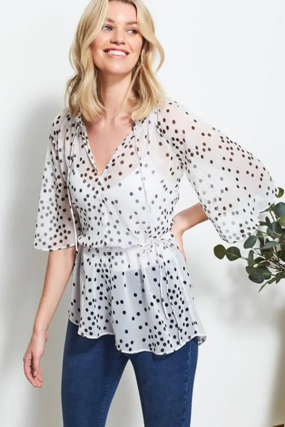 Sosandar White and Black Polka Dot Angel Sleeve Top White Black Women Tops