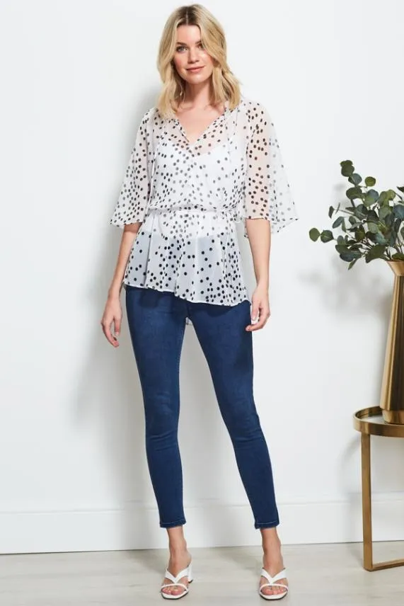 Sosandar White and Black Polka Dot Angel Sleeve Top White Black Women Tops
