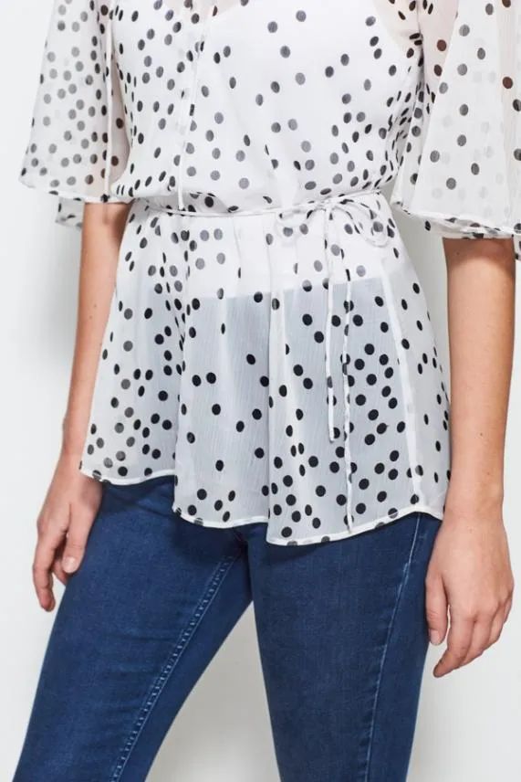 Sosandar White and Black Polka Dot Angel Sleeve Top White Black Women Tops