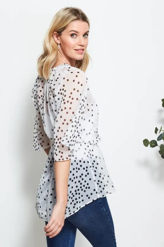 Sosandar White and Black Polka Dot Angel Sleeve Top White Black Women Tops