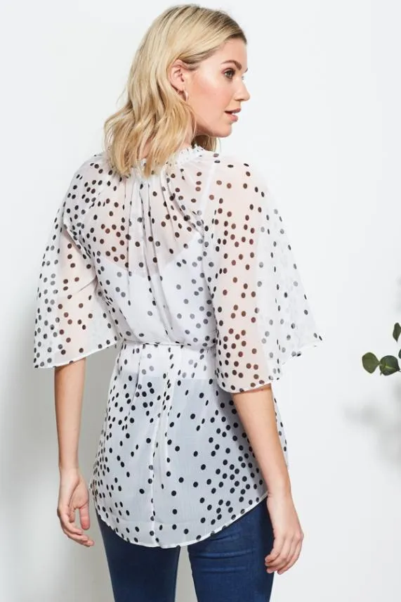 Sosandar White and Black Polka Dot Angel Sleeve Top White Black Women Tops