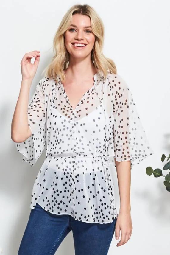 Sosandar White and Black Polka Dot Angel Sleeve Top White Black Women Tops