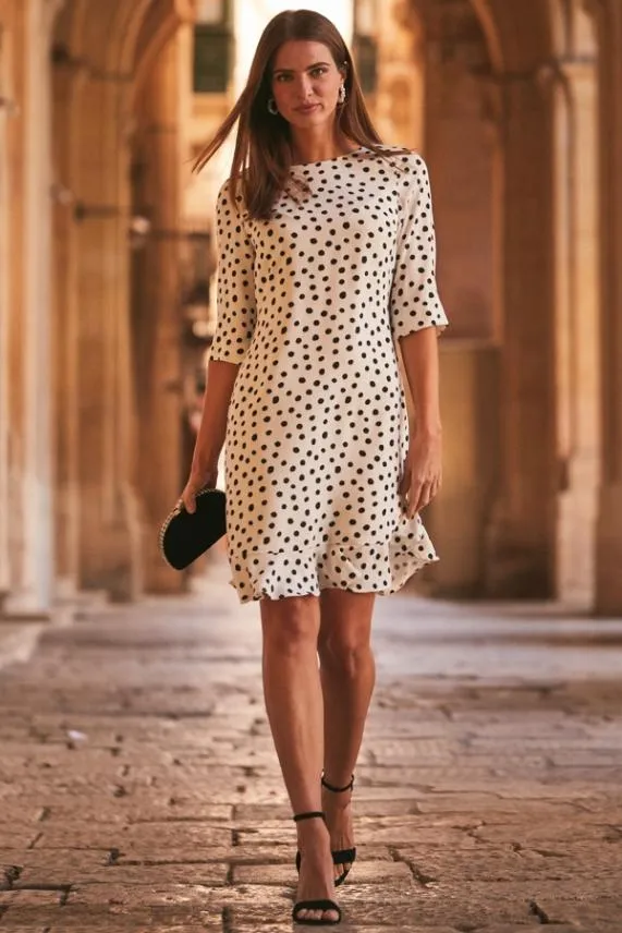 Sosandar White and Black Spot Print Ruffle Hem Shift Dress White Black Women Dresses Sosandar White and Black Spot Print Ruffle Hem Shift Dress White Black Women Dresses