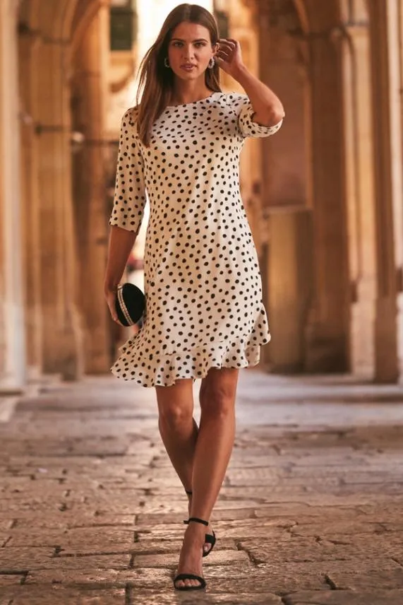 Sosandar White and Black Spot Print Ruffle Hem Shift Dress White Black Women Dresses