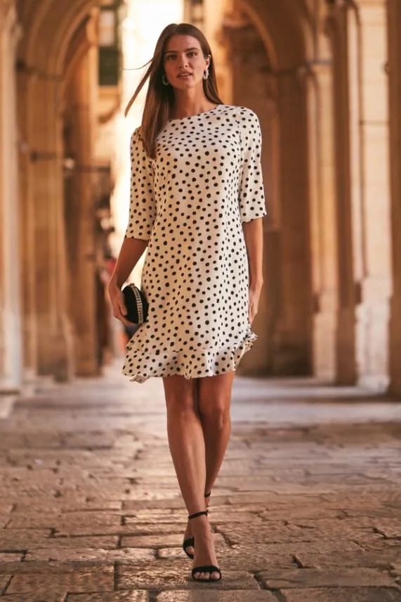 Sosandar White and Black Spot Print Ruffle Hem Shift Dress White Black Women Dresses