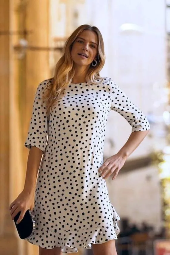 Sosandar White and Black Spot Print Ruffle Hem Shift Dress White Black Women Dresses