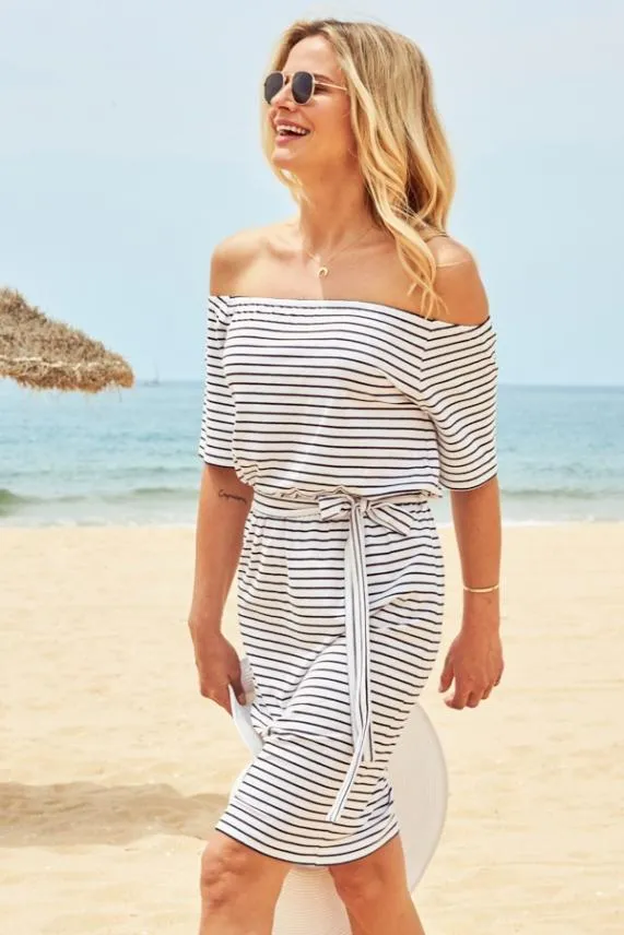 Sosandar White and Black Stripe Tie Waist Bardot Jersey Dress White Black Women Dresses