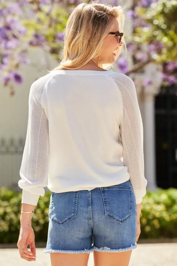 Sosandar White V Neck Pointelle Sleeve Fine Knit Jumper White Women Knitwear