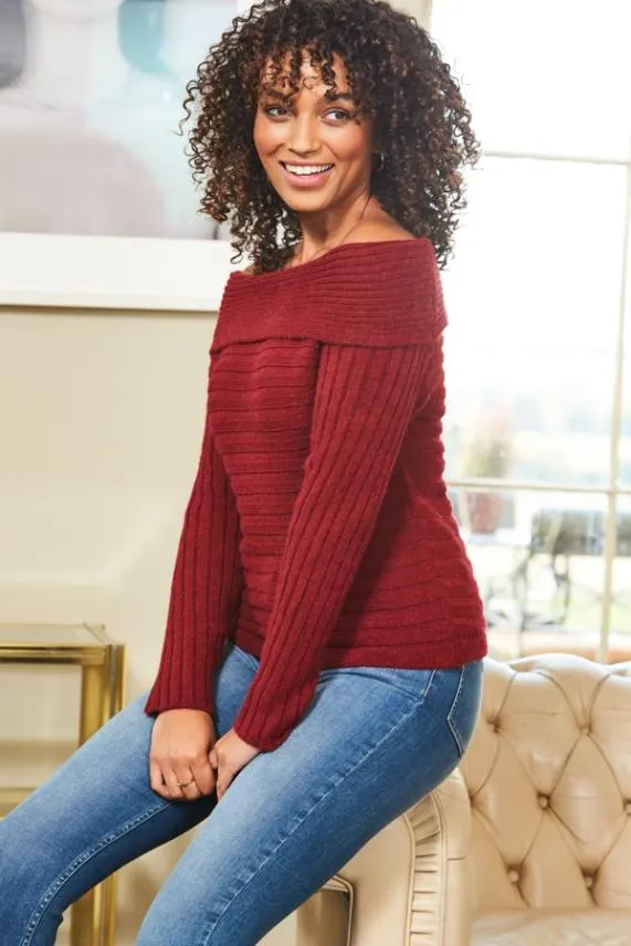 Sosandar Wine Ribbed Detail Bardot Knitted Jumper Women Knitwear