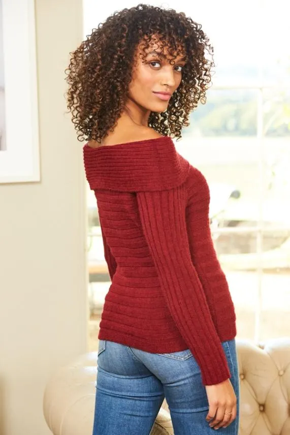 Sosandar Wine Ribbed Detail Bardot Knitted Jumper Women Knitwear