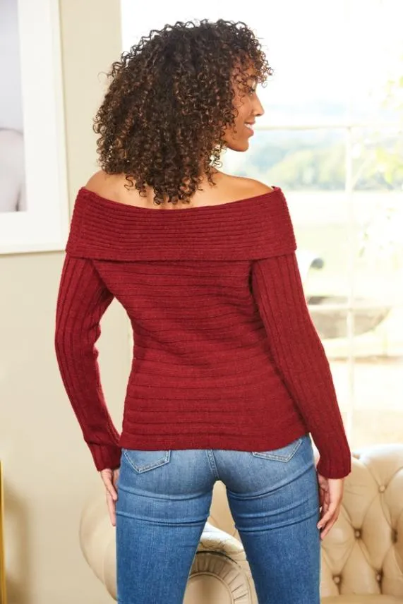 Sosandar Wine Ribbed Detail Bardot Knitted Jumper Women Knitwear