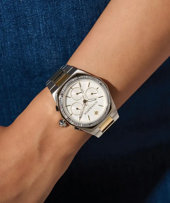 Sports Luxe Watches Women Olivia Burton 38mm Hexa MultiFunction White and Two Tone Bracelet Watch