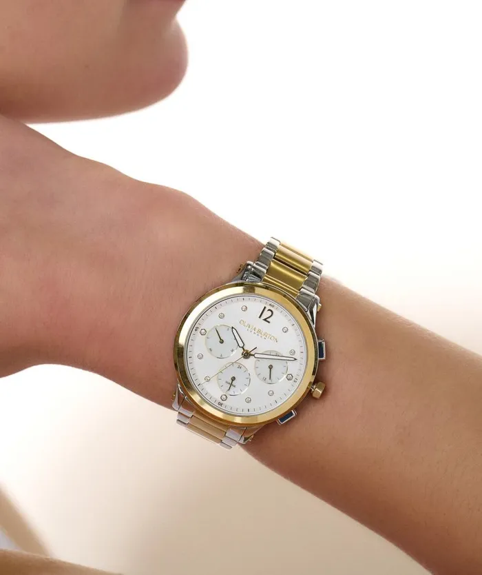 Sports Luxe Watches Women Olivia Burton 38mm MultiFunction Metallic White and Two Tone Bracelet Watch