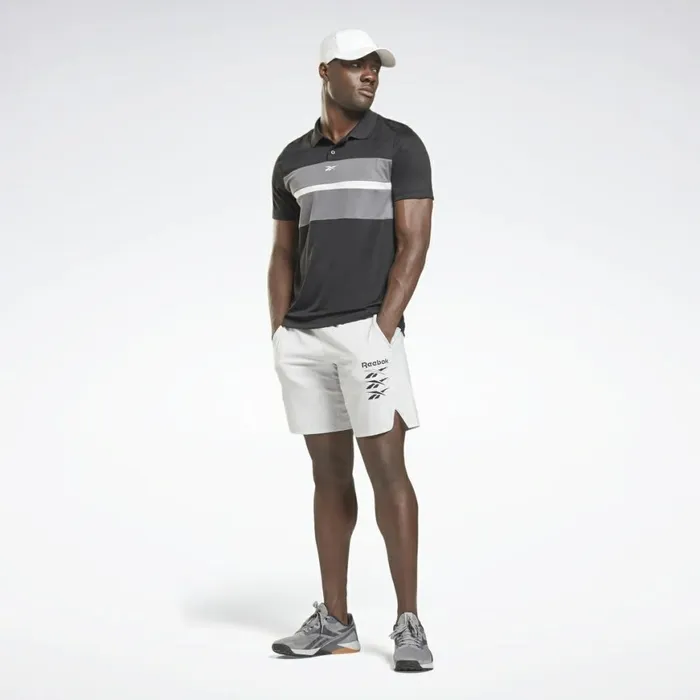 TShirts and Graphic Tees Mens Reebok Workout Ready Striped Polo Shirt Black Cold Grey 6
