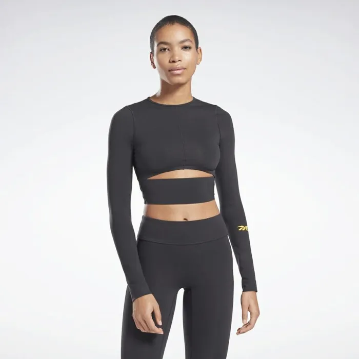 TShirts and Graphic Tees Womens Reebok VB Logo Long Sleeve Crop Top Black
