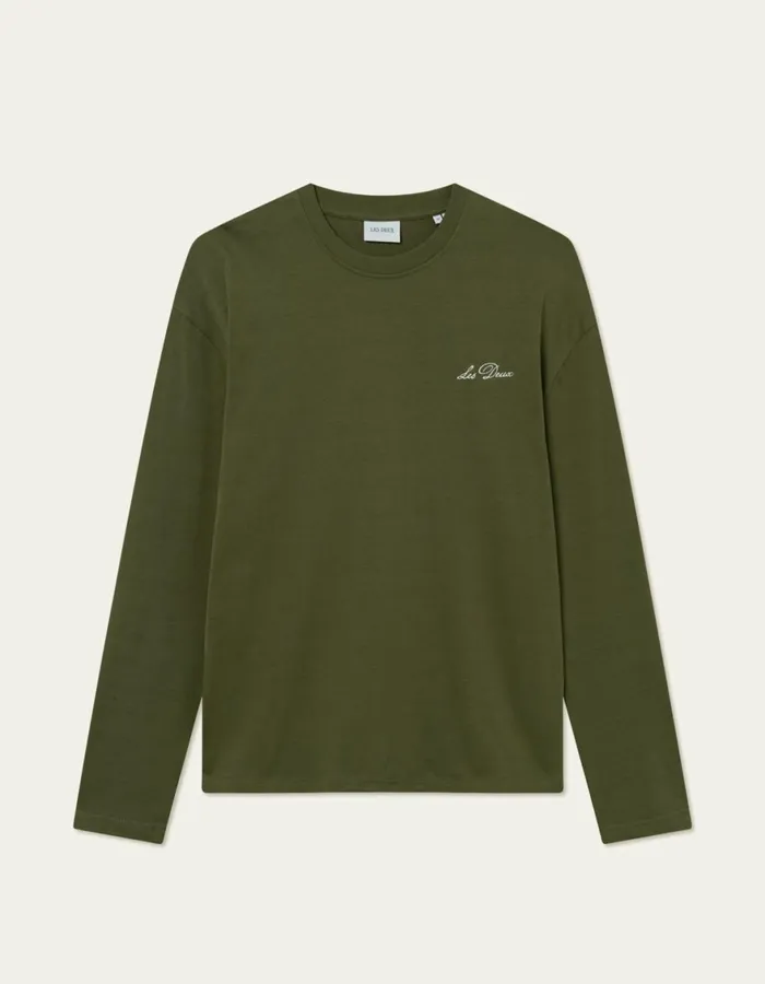 Tshirts Men Les Deux Crew LS TShirt 8211 Chive GreenLight Ivory