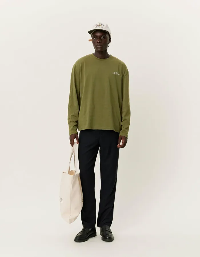 Tshirts Men Les Deux Crew LS TShirt 8211 Chive GreenLight Ivory