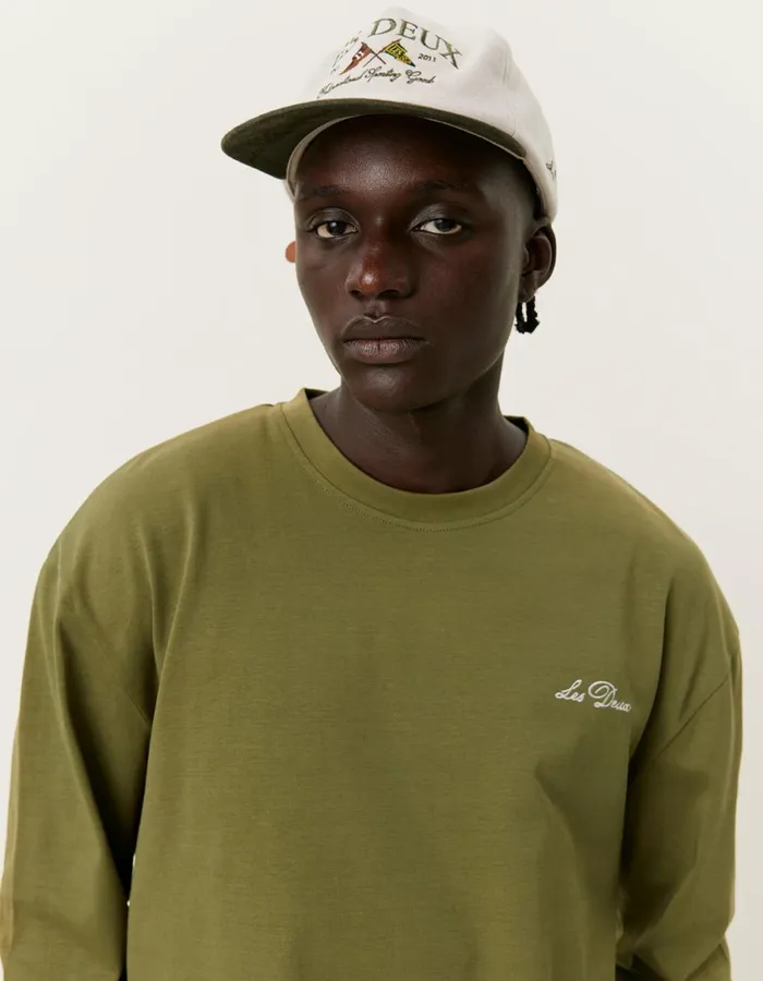 Tshirts Men Les Deux Crew LS TShirt 8211 Chive GreenLight Ivory