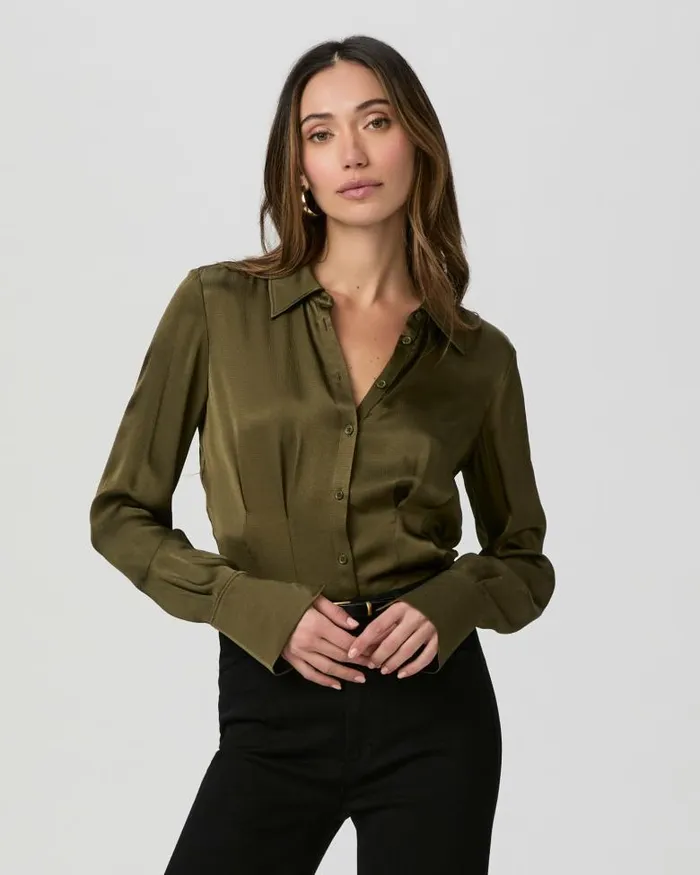 Tops and Blouses Women PAIGE Nelly Shirt 8211 Spanish Moss Satin Tops and Blouses Women PAIGE Nelly Shirt 8211 Spanish Moss Satin