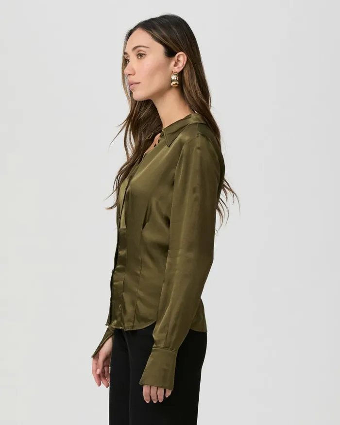 Tops and Blouses Women PAIGE Nelly Shirt 8211 Spanish Moss Satin Tops and Blouses Women PAIGE Nelly Shirt 8211 Spanish Moss Satin