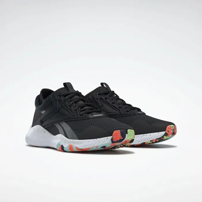 Training Shoes Womens Reebok HIIT Shoes Black White Orange Flare