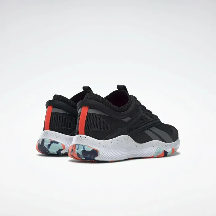 Training Shoes Womens Reebok HIIT Shoes Black White Orange Flare