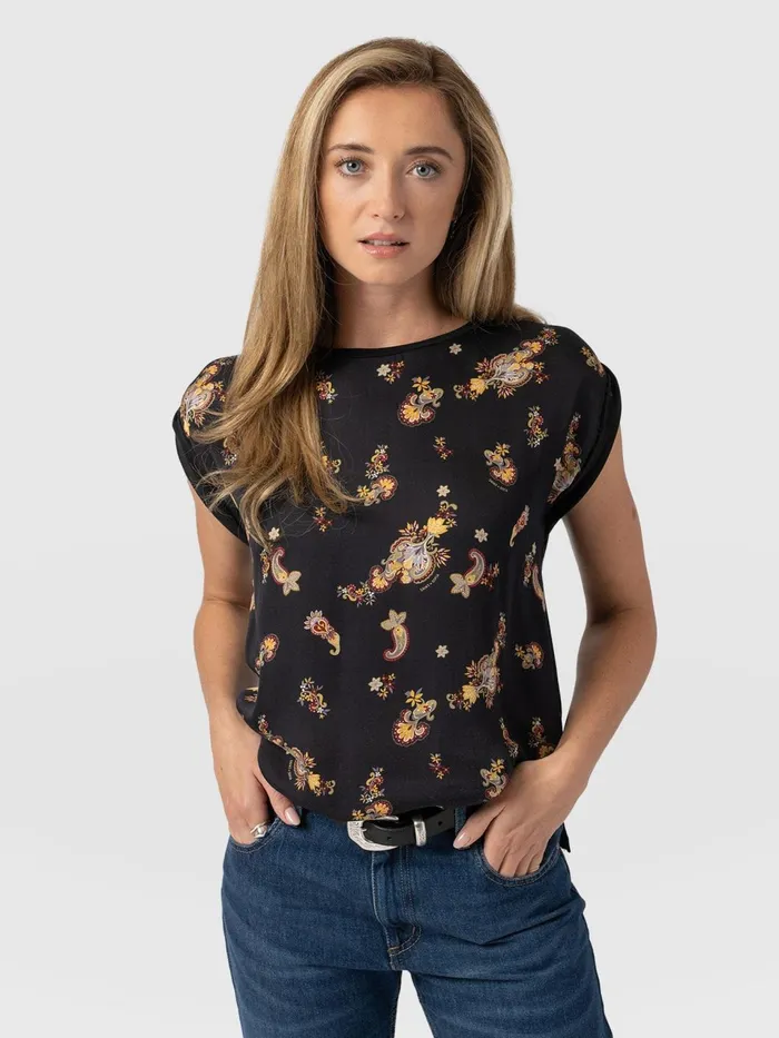 Turn Up Contrast Tee 8211 Black Paisley Black Paisley Women Saint And Sofia TShirts and Tanks Turn Up Contrast Tee 8211 Black Paisley Black Paisley Women Saint And Sofia TShirts and Tanks
