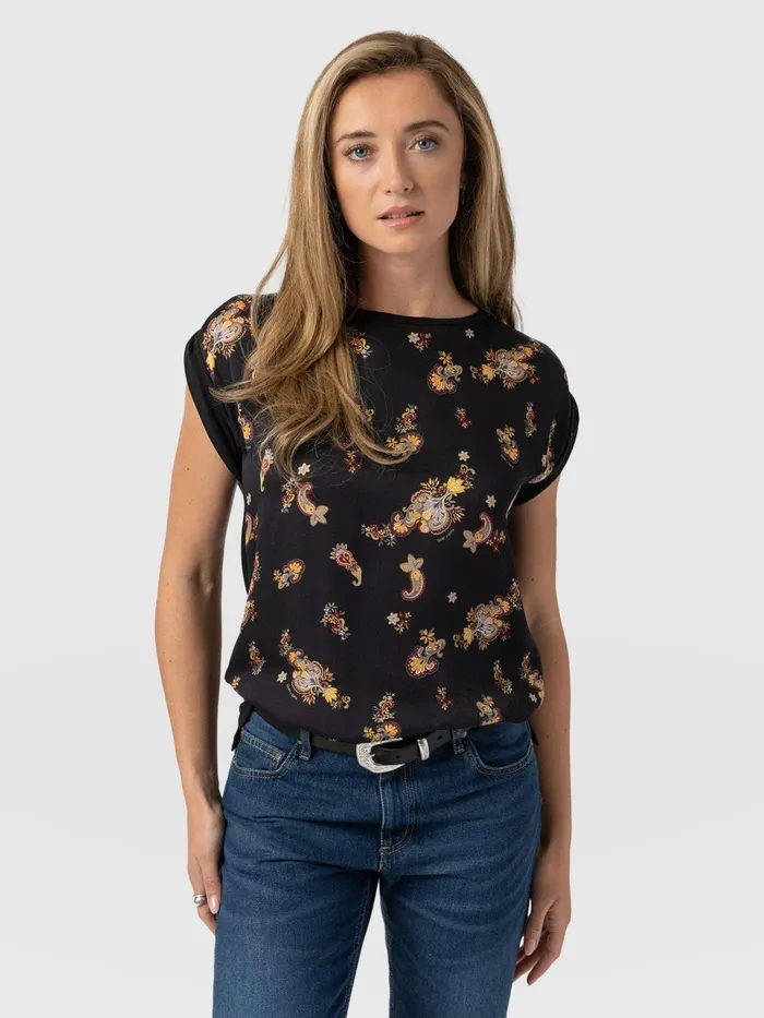 Turn Up Contrast Tee 8211 Black Paisley Black Paisley Women Saint And Sofia TShirts and Tanks