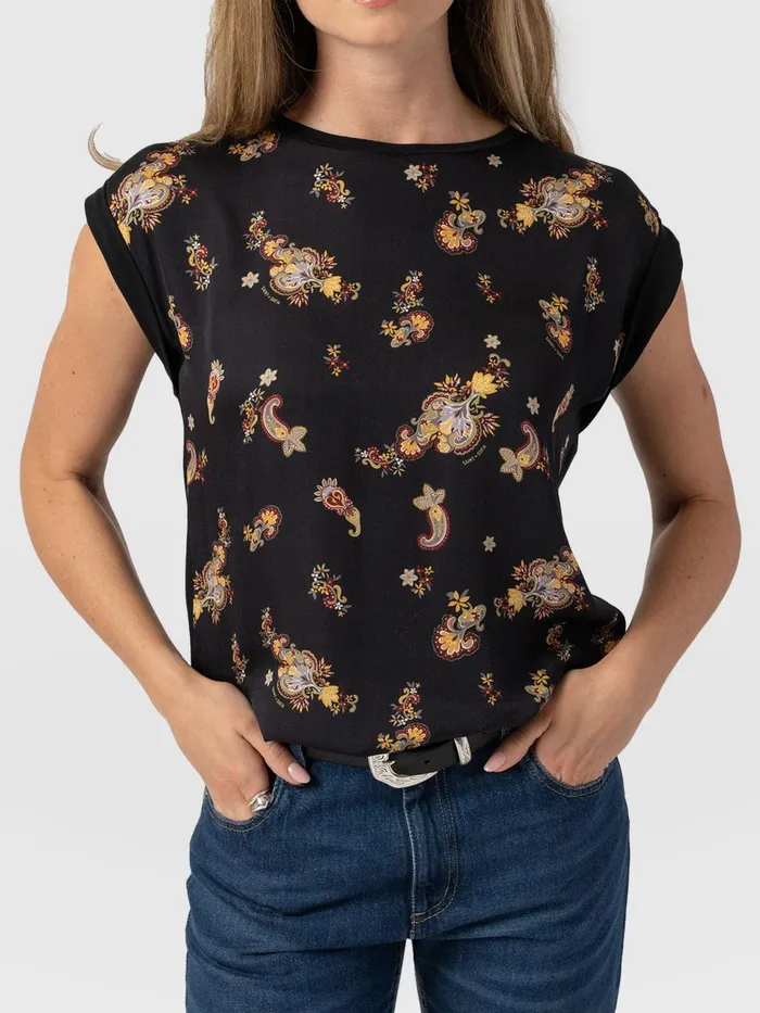 Turn Up Contrast Tee 8211 Black Paisley Black Paisley Women Saint And Sofia TShirts and Tanks