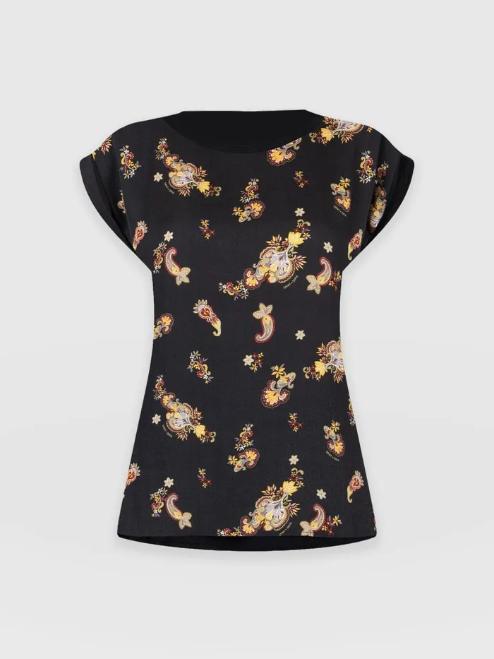 Turn Up Contrast Tee 8211 Black Paisley Black Paisley Women Saint And Sofia TShirts and Tanks