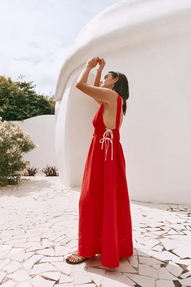 VRG GRL MidiMaxi Dresses Paros Palms Linen Midi Dress Red 8211 Women VRG GRL MidiMaxi Dresses Paros Palms Linen Midi Dress Red 8211 Women