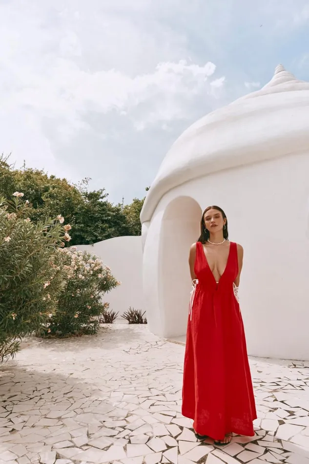 VRG GRL MidiMaxi Dresses Paros Palms Linen Midi Dress Red 8211 Women VRG GRL MidiMaxi Dresses Paros Palms Linen Midi Dress Red 8211 Women