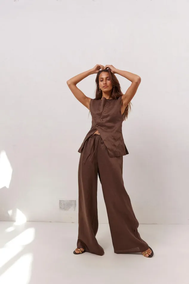 VRG GRL Sets Raya Linen Pants Chocolate 8211 Women