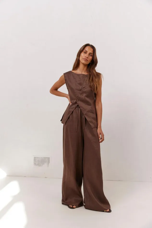 VRG GRL Sets Raya Linen Pants Chocolate 8211 Women VRG GRL Sets Raya Linen Pants Chocolate 8211 Women