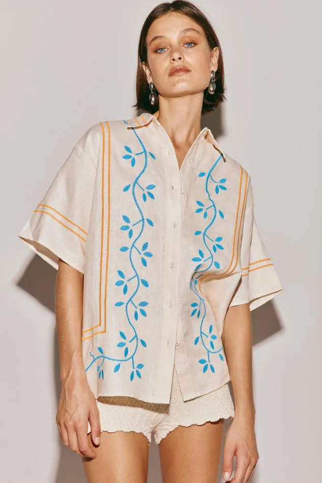 VRG GRL Short Sleeve Sunsets In Capri Linen Shirt Natural 8211 Women