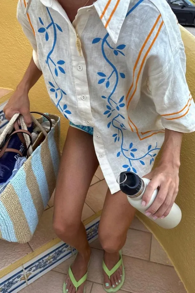 VRG GRL Short Sleeve Sunsets In Capri Linen Shirt Natural 8211 Women VRG GRL Short Sleeve Sunsets In Capri Linen Shirt Natural 8211 Women