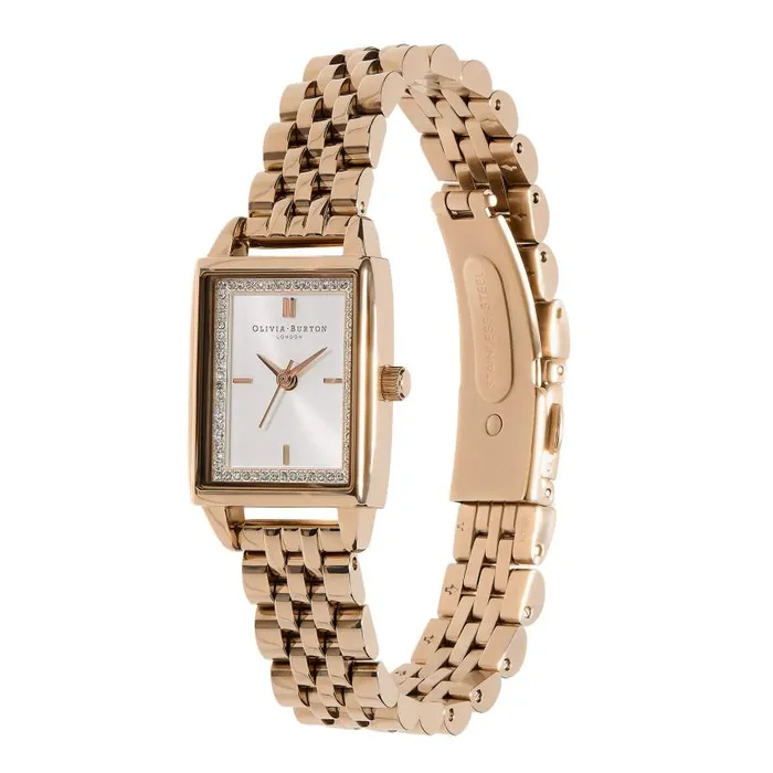 White Dial Watches Women Olivia Burton 21mm Rectangle White and Carnation Gold Bracelet Watch
