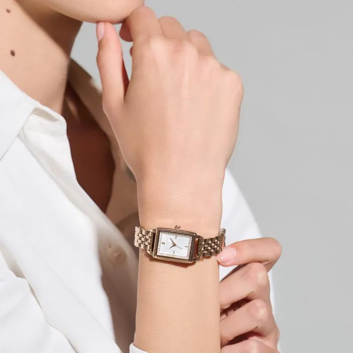 White Dial Watches Women Olivia Burton 21mm Rectangle White and Carnation Gold Bracelet Watch
