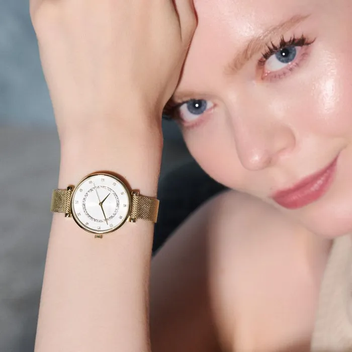 White Dial Watches Women Olivia Burton 32mm Tbar White and Gold Mesh Watch