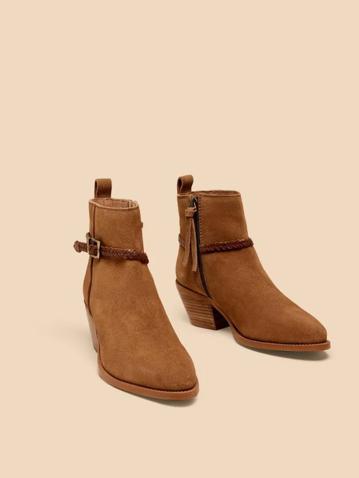 White Stuff BOOTS Peony Suede Plait Strap Boot Mid Tan 8211 Women