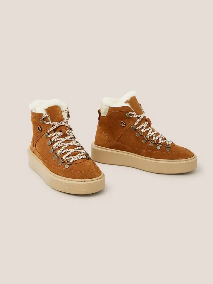 White Stuff BOOTS Suede Shearling Hiker Bootie Dark Tan 8211 Women