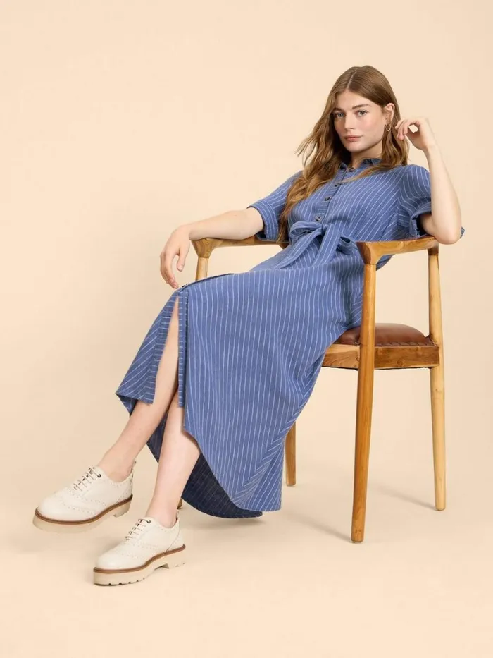 White Stuff DRESSES Beth Linen Blend Shirt Dress Blue Multi 8211 Women
