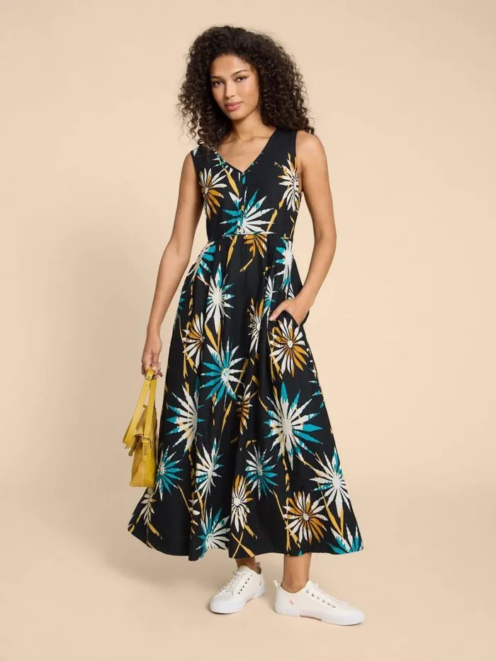 White Stuff DRESSES Gigi Linen Blend Maxi Dress Black Print 8211 Women