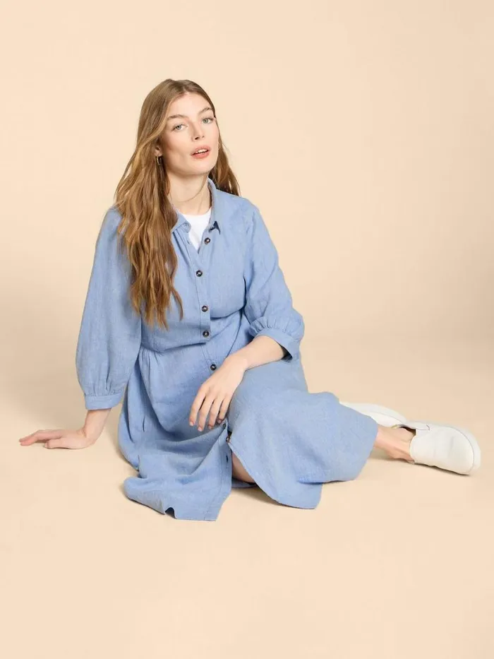 White Stuff DRESSES Hayden Linen Blend Shirt Dress Chambray Blue 8211 Women