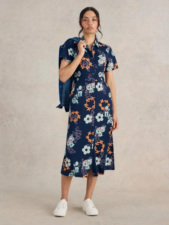 White Stuff DRESSES Rua Jersey Shirt Midi Dress Navy Print 8211 Women